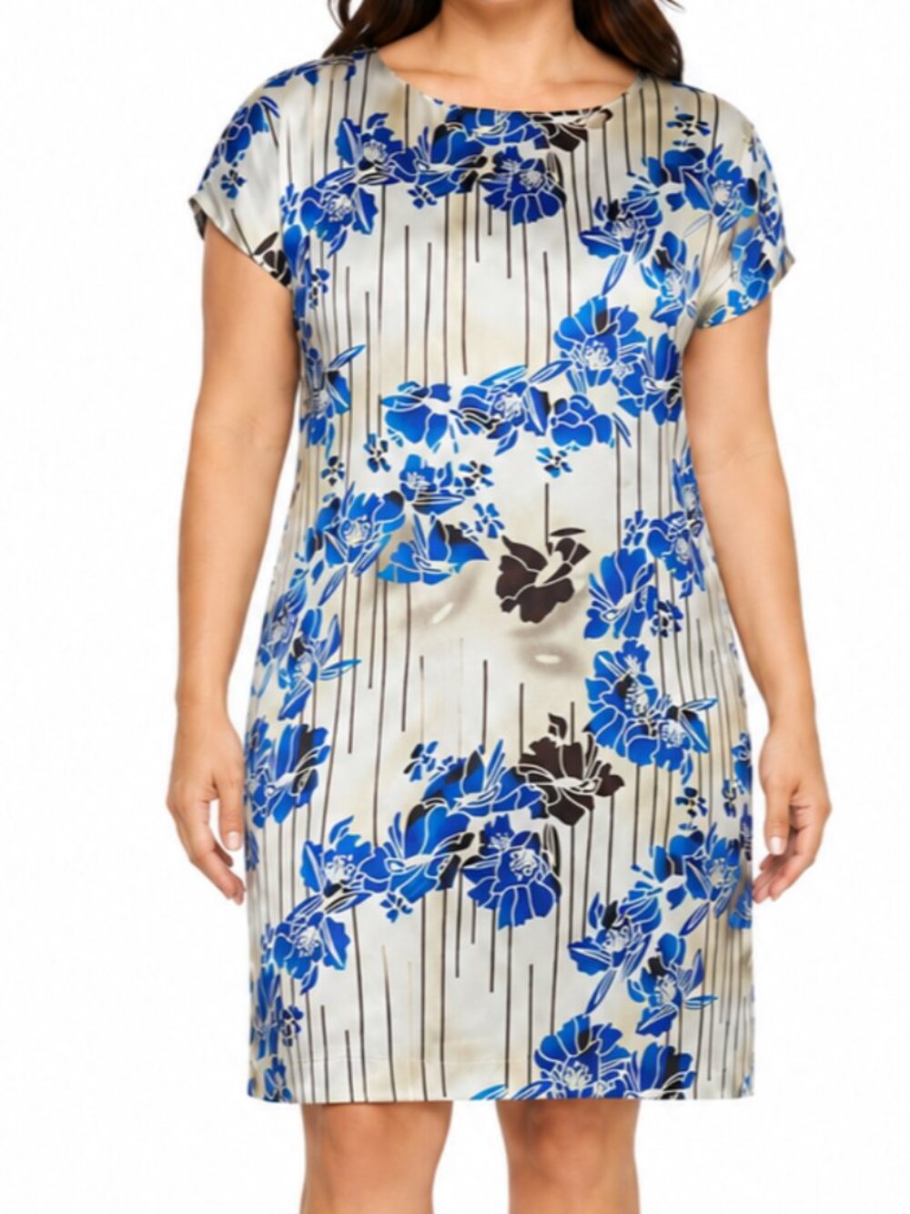 Vertigo Paris Blue Floral Satin Shift Dress XL Retro Mod $230